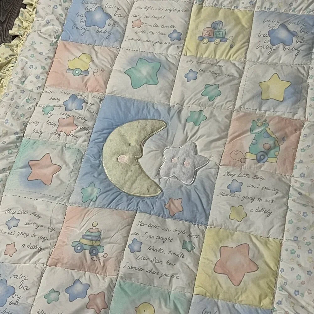 Vintage Geoffrey Toys R Us Baby Quilt Crib Comforter Moon Stars Yellow Blue 1995